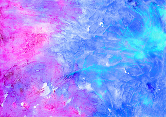 Fototapeta na wymiar Hand painted watercolor background, abstract bright colors (blue and pink)