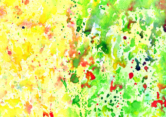 Obraz na płótnie Canvas Hand painted watercolor background, abstract bright colors (yellow and green with red drops)