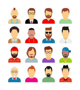 set of men avatar icons in flat style on white background