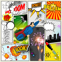 Obraz premium Mock-up of a typical comic book page. Vector Comics Pop art Superhero concept blank layout template with clouds beams, speech bubbles isolated. Bubles, symbols on colored Halftone Backgrounds