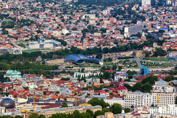 Fototapeta na wymiar Aerial view on the center of Tbilisi, capital of Georgia