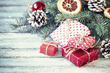 Christmas decoration on abstract background,vintage filter,soft focus