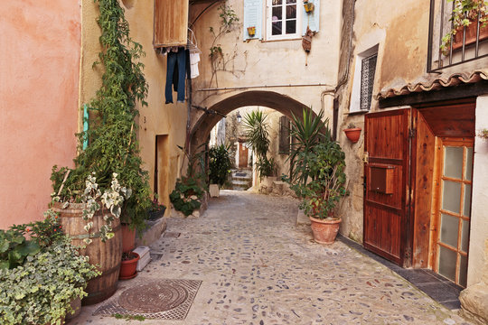 Fototapeta Narrow street with flowers in the old town Coaraze in France