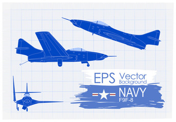 ilustracja wektorowa Vintage samolotów, rysunek na papierze, artystyczne ujęcie rzutu samolotu F7U, insygnia Navy, tło