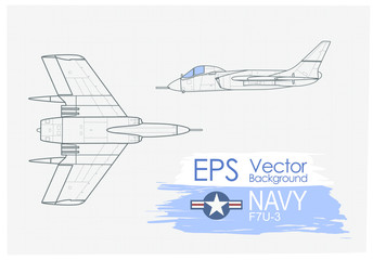 ilustracja wektorowa Vintage samolotów, rysunek na papierze, artystyczne ujęcie rzutu samolotu F7U, insygnia Navy, tło - obrazy, fototapety, plakaty