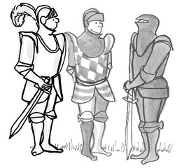 Illustration of three knights wearing armor.
