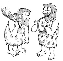 Business illustration showing two cave men, one has invented the wheel.