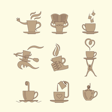 Coffe and tea cup monochrome icon set