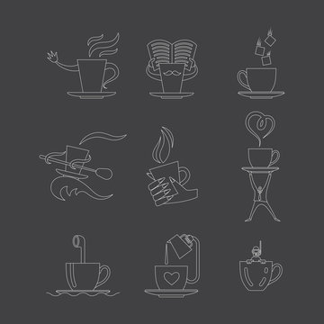 Coffe and tea cup line icon set