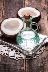 Coconut on wooden table.Vintage filter. Organic healthy food concept.Beauty and SPA concept.