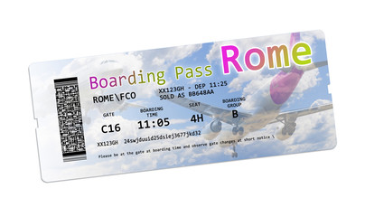 Airline boarding pass tickets to Rome isolated on white