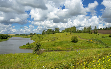 Sunny summer landscape.River Krasivaya in Tula region,Russia.