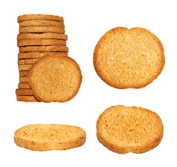 set rusks with wholewheat flour, light, dry biscuit or piece of twice-baked bread, integral bread isolated on white background with clipping path