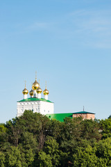 Fototapeta na wymiar White church on a background of blue sky and trees