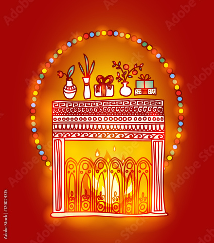 Vector: Fireplace, gifts and fluorescent lights. Cosy and warm hand Vector: Fireplace, gifts and fluorescent lights. Cosy and warm hand