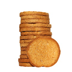 pile rusks with wholewheat flour, bread sliced isolated, whole wheat dry rusk bread, wholemeal bread isolated on white background