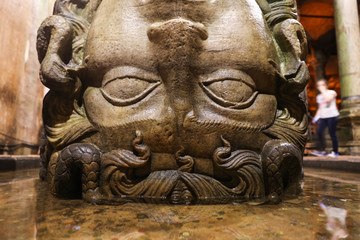 Medusa column base in Basilica Cistern, Istanbul City