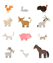 Farm animals and pets set on white background, flat style, vector illustration
