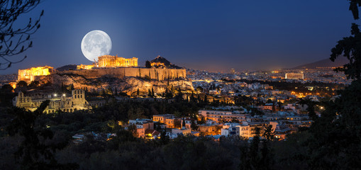 Vollmond über der Akropolis und Athen - obrazy, fototapety, plakaty