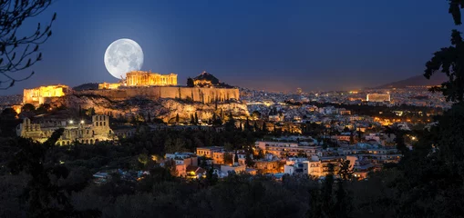 Papier Peint photo Athènes Pleine lune sur l& 39 Acropole et Athènes