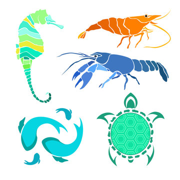 Colored silhouettes sea creatures