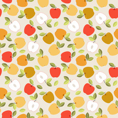 Cute seamless pattern with colorful leaves and apples