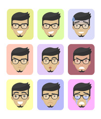 Set business different emotions faces, profile pictures flat icons,  avatars characters. Trendy beard and glasses.