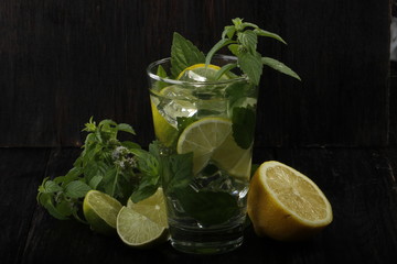 ingredients for mojito on wooden background