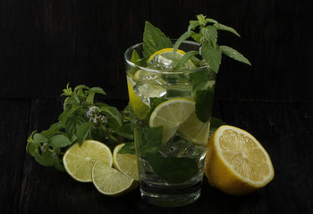 ingredients for mojito on wooden background