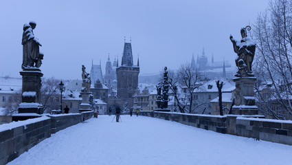 Early Morning snowy Prague Lesser Town with St. Nicholas' Cathedral, Bridge Tower and gothic Castle, Czech Republic