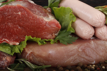 meat with spices on wooden background
