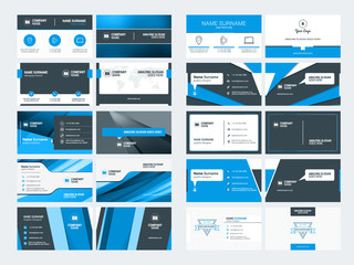 Set of modern creative business card templates. Blue and black colors. Flat style vector illustration. Stationery design