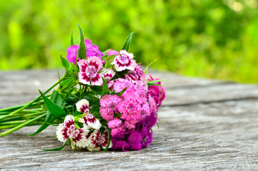 Bouquet of small carnations on a wooden background