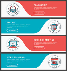 Set of flat line business website banner templates. Vector illustration. Modern thin line icons in circle. Consulting, Secure, Business Meeting, Work Planning