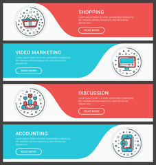 Set of flat line business website banner templates. Vector illustration. Modern thin line icons in circle. Shopping, Video Marketing, Discussion, Accounting
