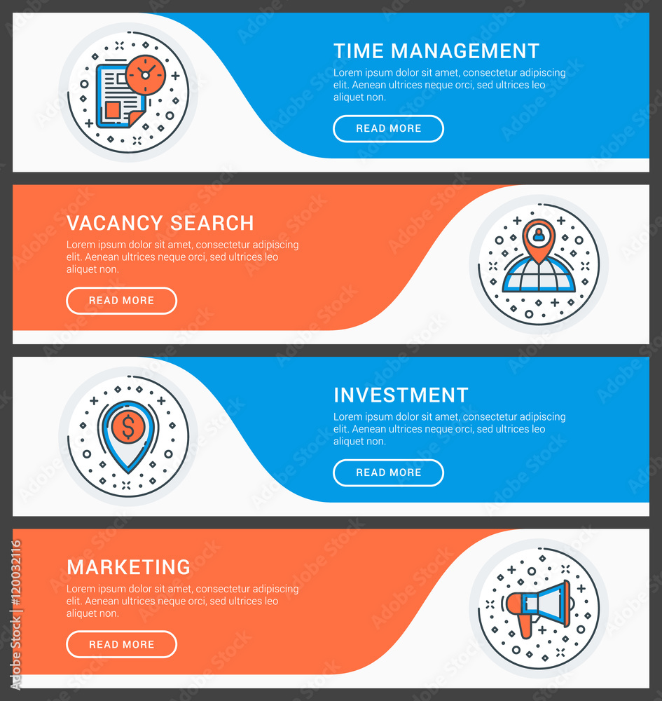 Poster set of flat line business website banner templates. vector illustration. modern thin line icons in c