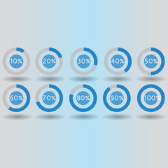 icons pie graph circle percentage blue chart 10 20 30 40 50 60 70 80 90 100 % set illustration round vector