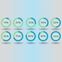 icons pie graph circle percentage blue chart 10 20 30 40 50 60 70 80 90 100 % set illustration round vector