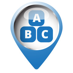 Map pin symbol with Abc Blocks icon. Blue symbol on white backgr