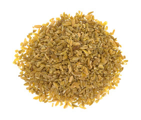 Portion of cracked freekeh on a white background top view.