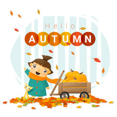 Fototapeta premium Hello autumn background with little girl , vector , illustration