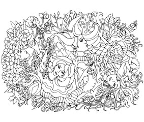 Floral decorative element with surreal female faces, leaves, waves, branches and flowers. Black and white vector illustration for coloring pages or other.