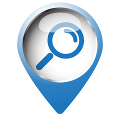 Map pin symbol with Magnifying Glass icon. Blue symbol on white