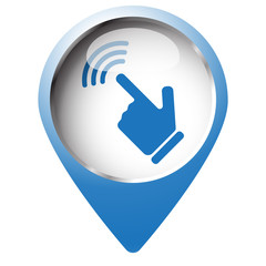 Map pin symbol with Touch Screen icon. Blue symbol on white back
