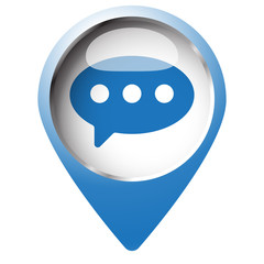 Map pin symbol with Comment icon. Blue symbol on white backgroun