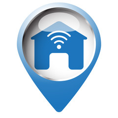 Map pin symbol with Smart Home icon. Blue symbol on white backgr