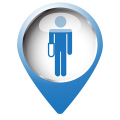 Map pin symbol with Hand icon. Blue symbol on white background.