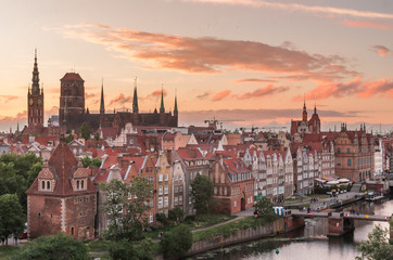 Historical center of Gdansk, town hall and St. Mary's Church at evening