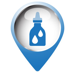 Map pin symbol with Medicine Bottle icon. Blue symbol on white b