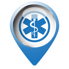 Map pin symbol with Medical  icon. Blue symbol on white backgrou